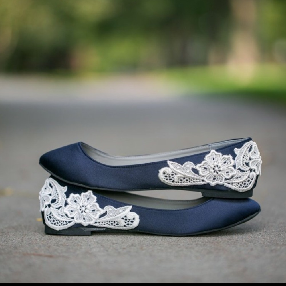 Navy Satin Ballet Flats with Ivory Lace Appliqué
